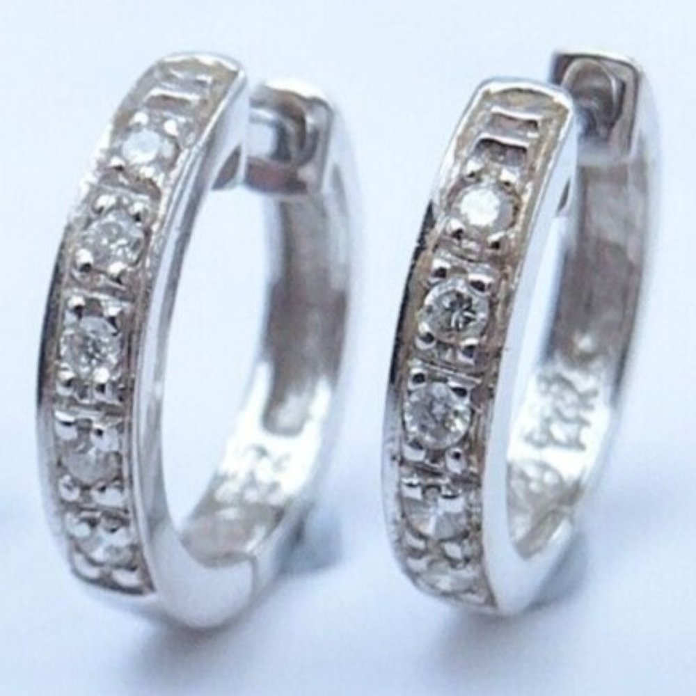 14K White Gold Diamond Hoop Huggie Earrings .10 Ct TW Accents 12mm 1.7 Grams